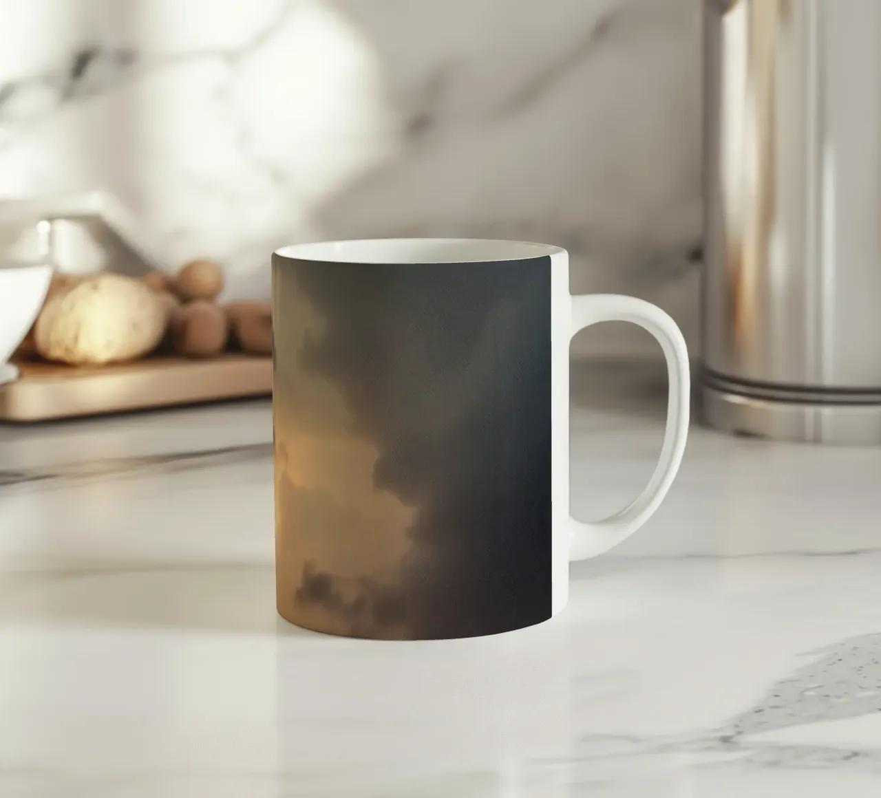 Dunkle Wolken, beleuchtet von warmem Sonnenlicht mit dramatischem Licht Keramik Tasse von DesignDoodle