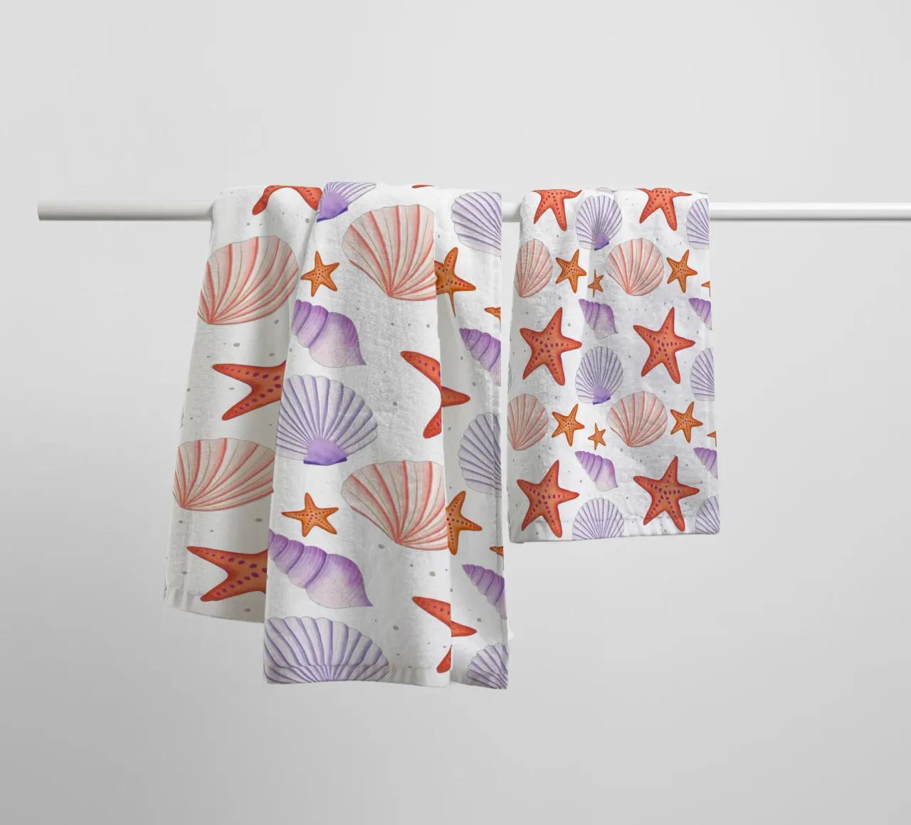 Starfish and shells. Maritime pattern in watercolour towel by CalliLetters