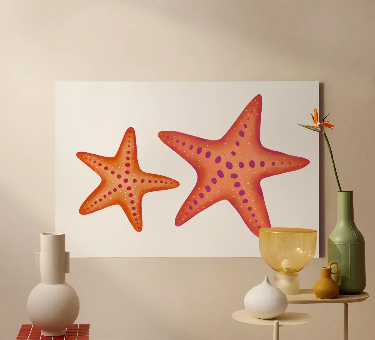 Starfish and shells. Maritime pattern in watercolour canvas with Floater frame by CalliLetters