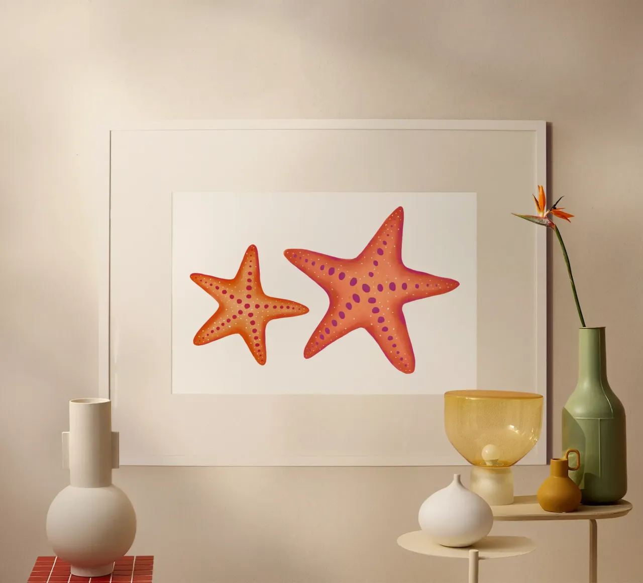 Stelle marine e conchiglie. Motivo marittimo ad acquerello poster con telaio in plastica da CalliLetters