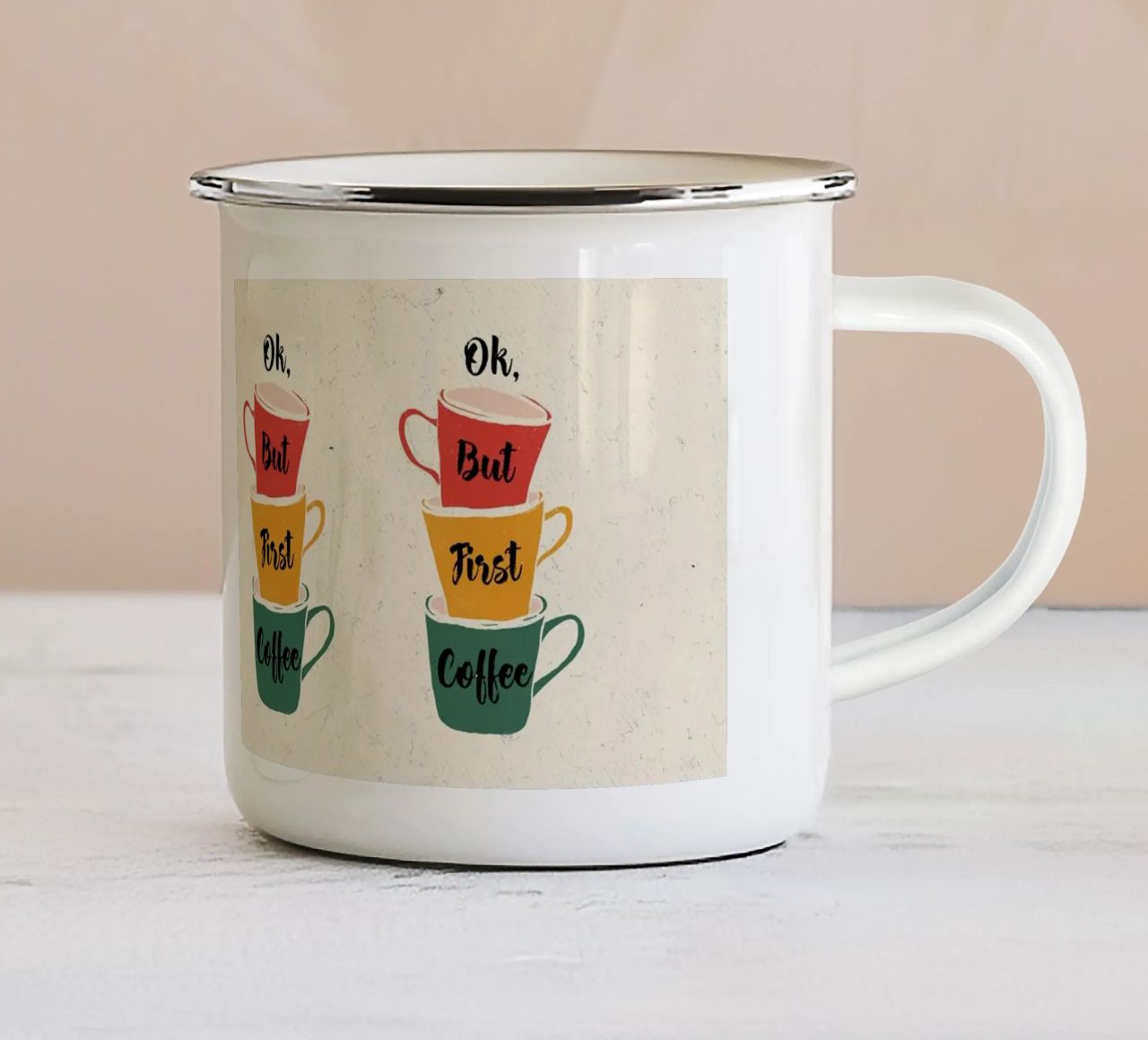 Ok, aber zuerst Kaffee - Gestapelte Tassen Kunst Emaille Tasse von showmemars