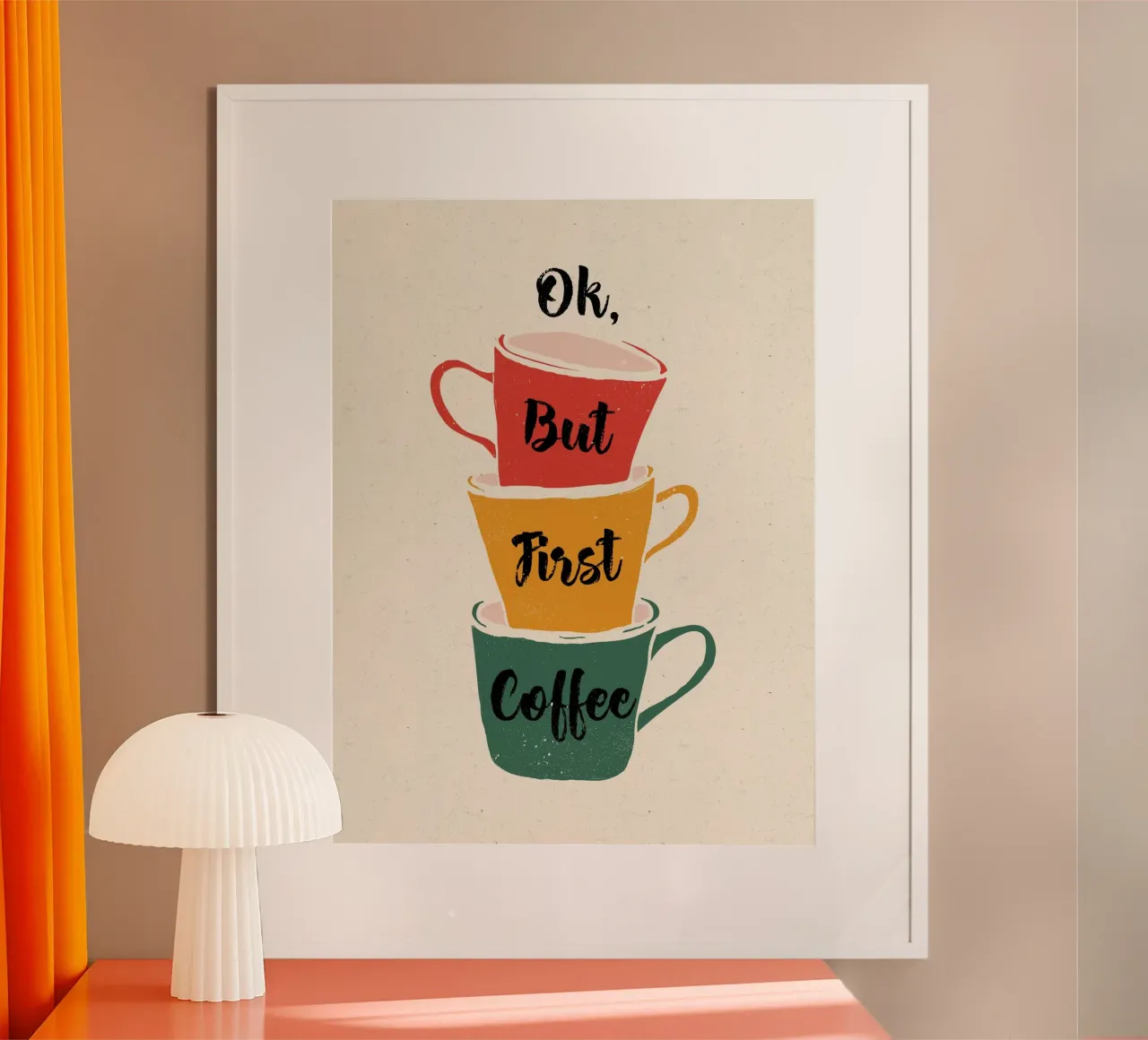 Ok, ma prima il caffè - Arte delle tazze impilate poster con telaio in legno da showmemars