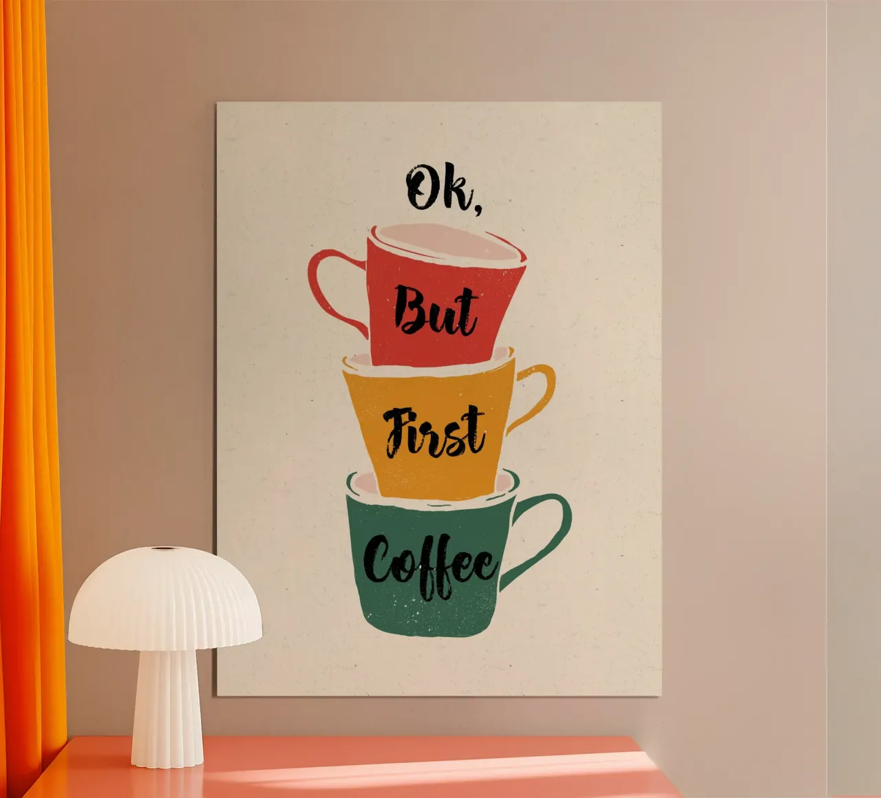 Ok, ma prima il caffè - Arte delle tazze impilate poster con telaio in legno da showmemars
