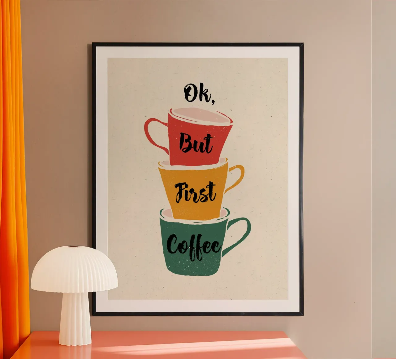 Ok, ma prima il caffè - Arte delle tazze impilate poster con telaio in legno da showmemars