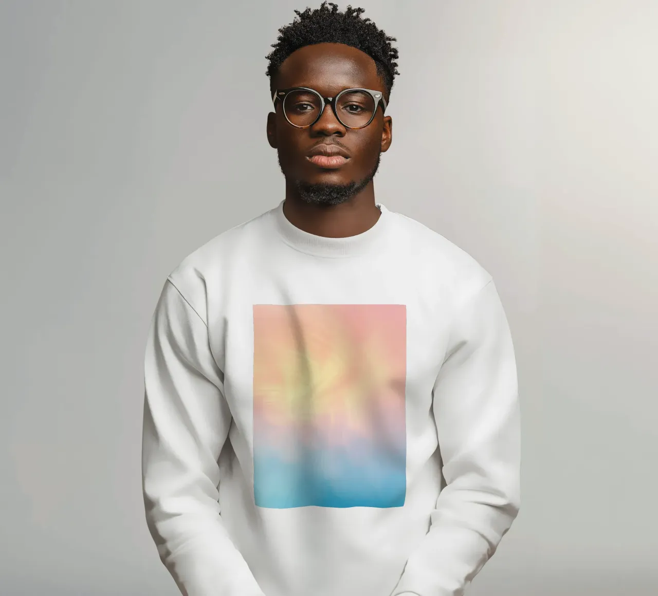 Soft pastel gradient background blending warm pinks and cool sweatshirt by DesignDoodle