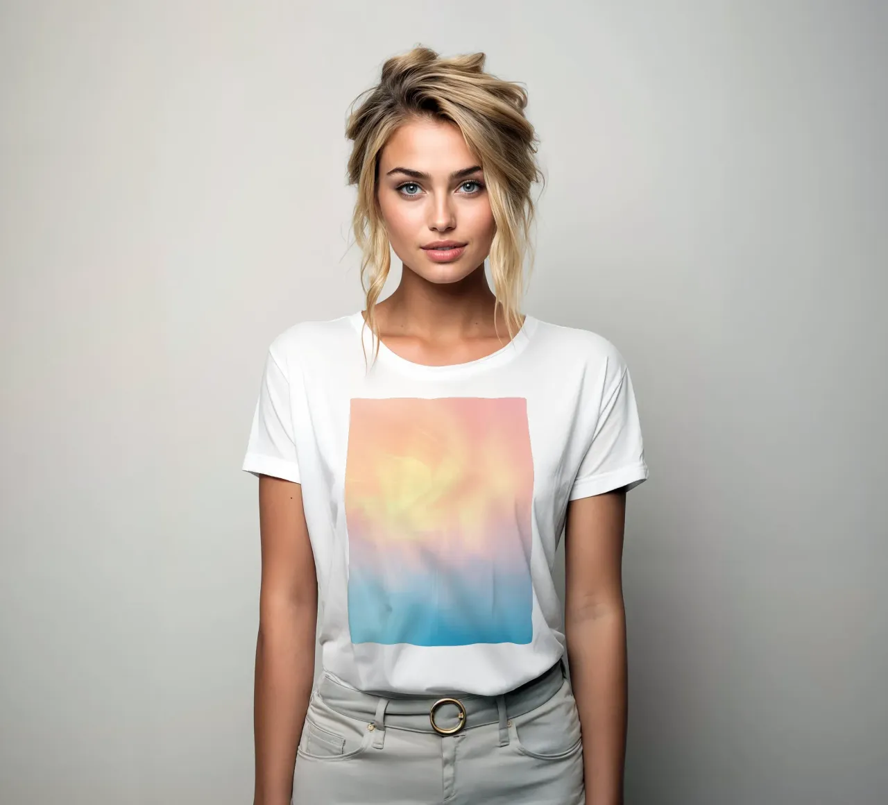 Soft pastel gradient background blending warm pinks and cool women's fitted t-shirt by DesignDoodle