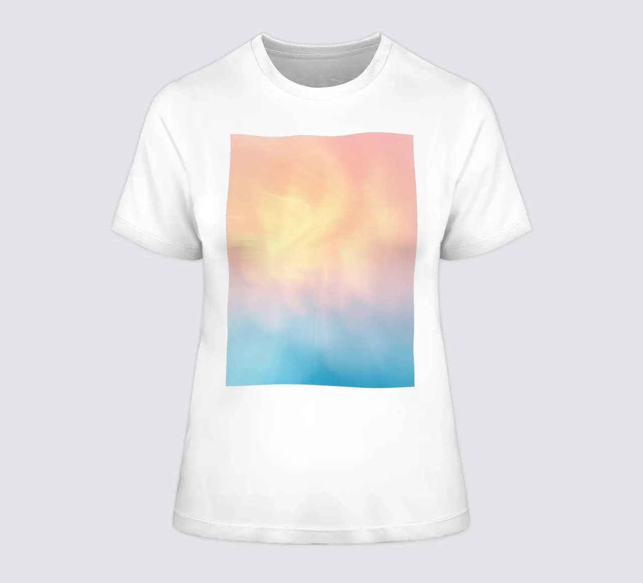 Soft pastel gradient background blending warm pinks and cool women's fitted t-shirt by DesignDoodle