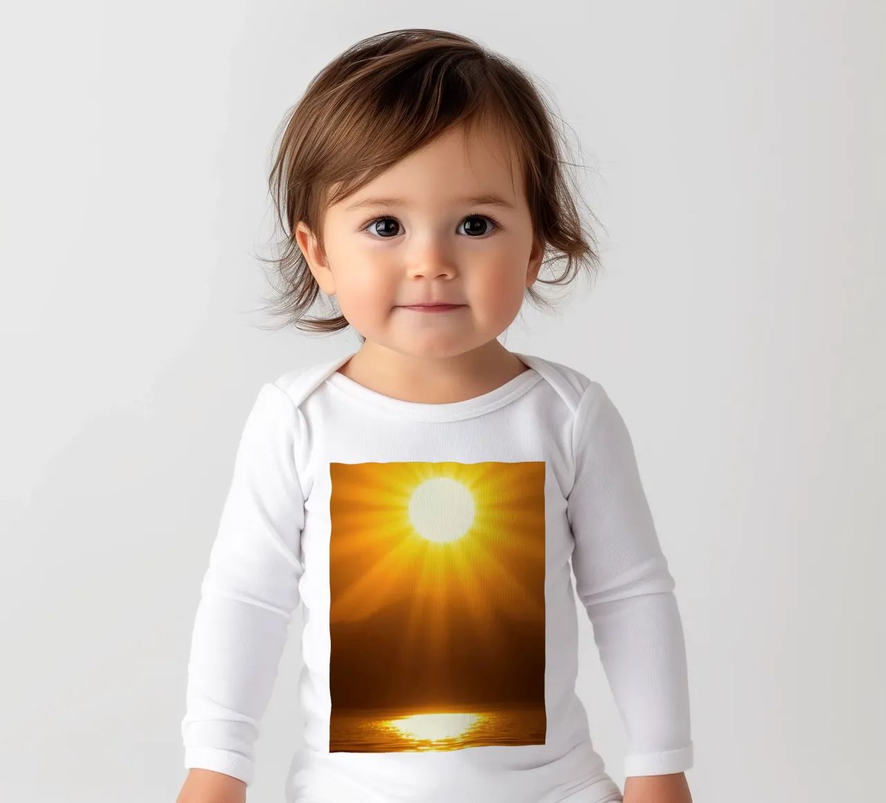 Bright sun against calm waters creating a stunning abstract long-sleeve baby romper by DesignDoodle