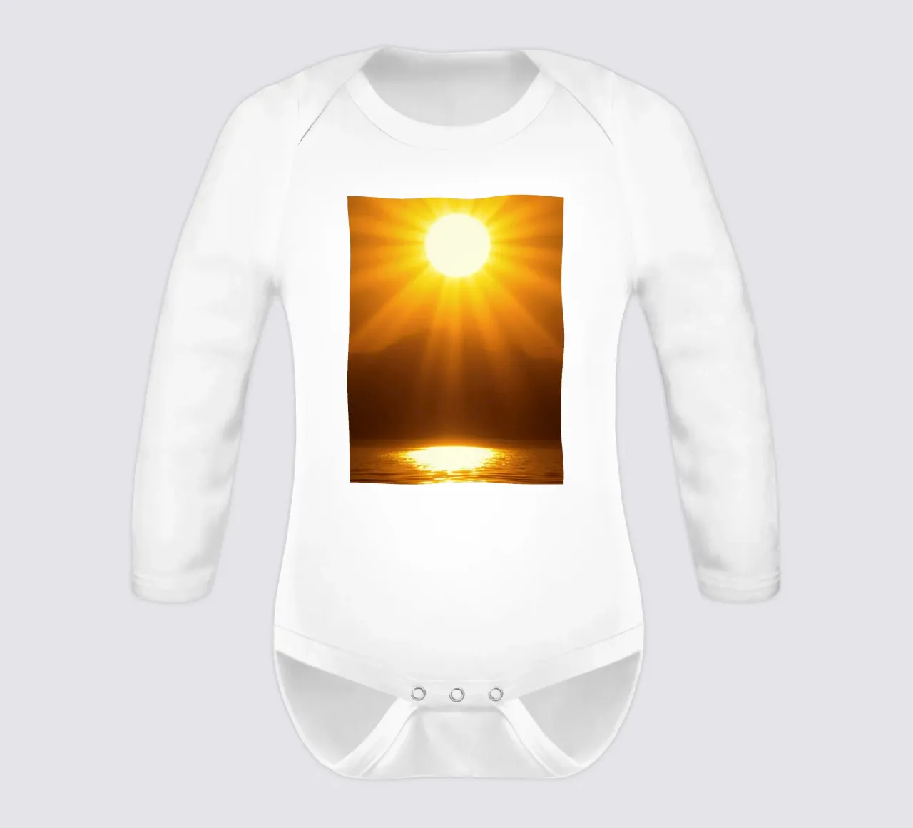 Bright sun against calm waters creating a stunning abstract long-sleeve baby romper by DesignDoodle