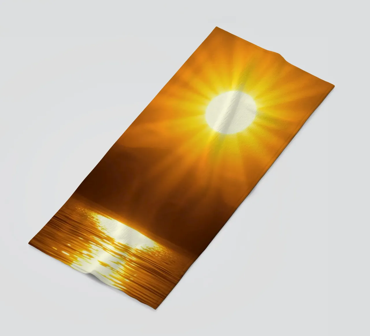 Bright sun against calm waters creating a stunning abstract beach towel by DesignDoodle