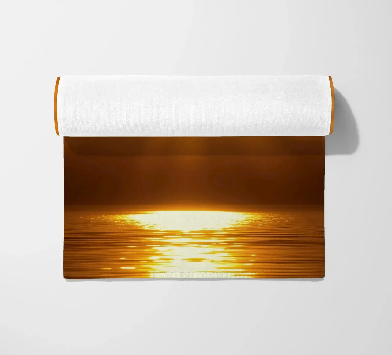 Bright sun against calm waters creating a stunning abstract beach towel by DesignDoodle