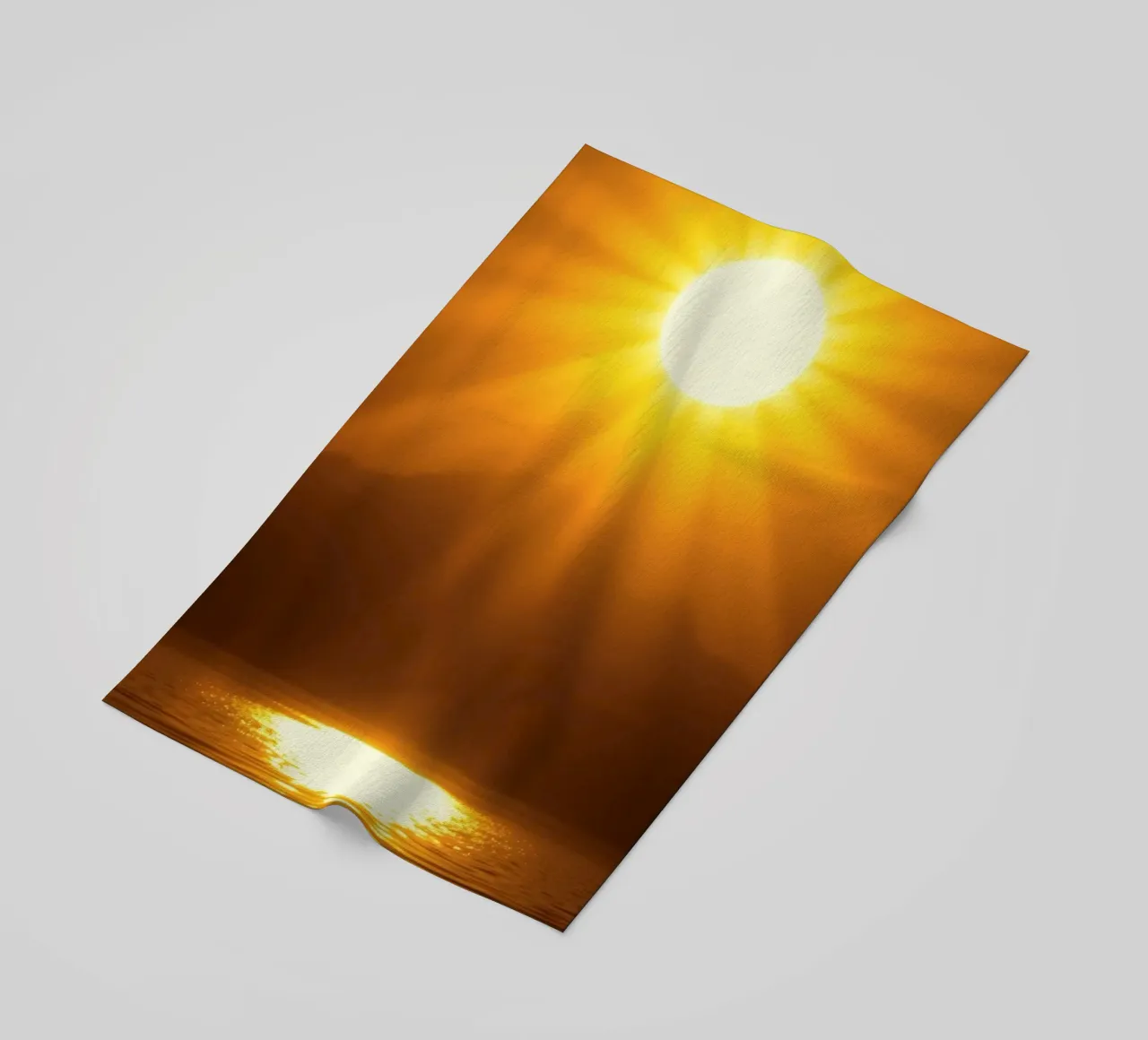 Bright sun against calm waters creating a stunning abstract beach towel by DesignDoodle