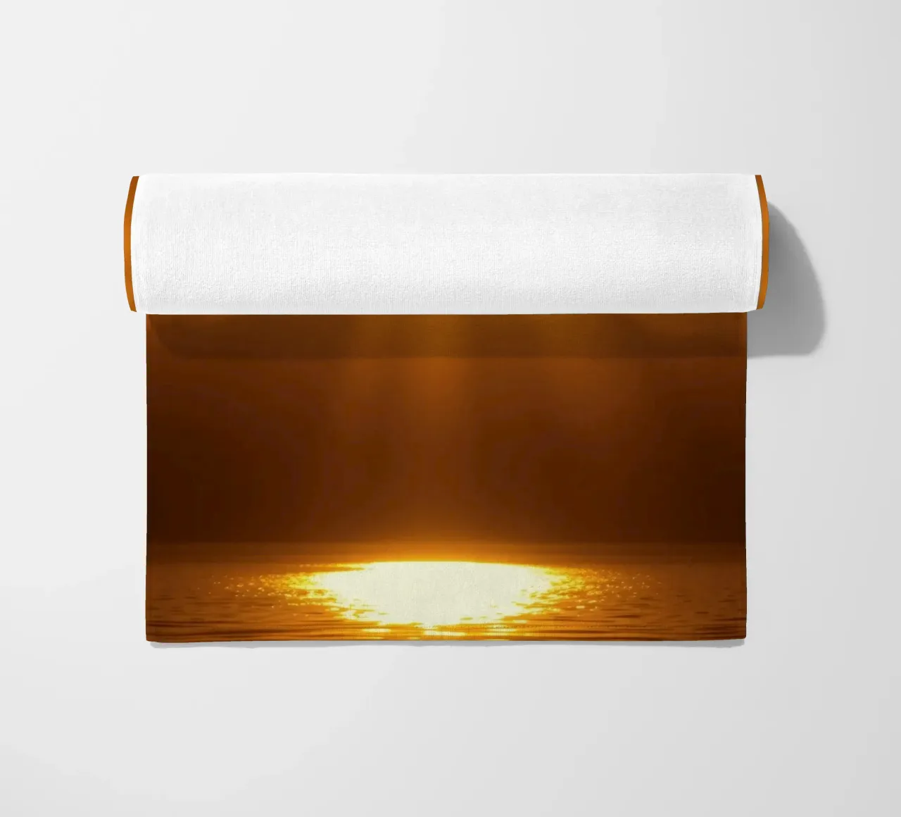 Bright sun against calm waters creating a stunning abstract beach towel by DesignDoodle