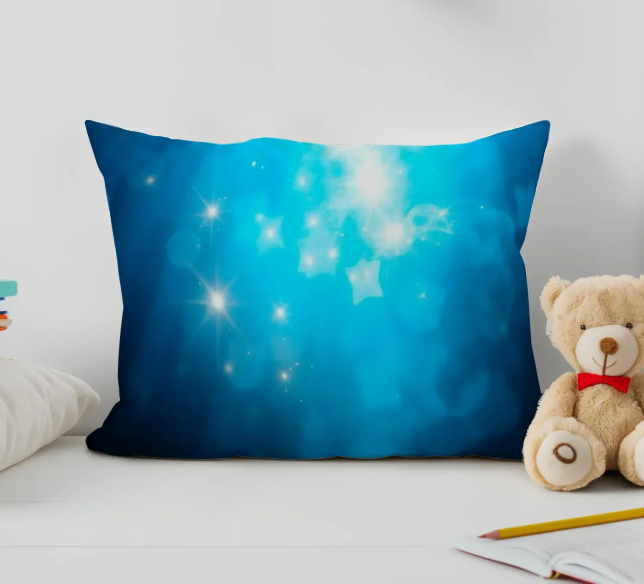 Bright blue abstract background design with sparkling effect decorative cushion by DesignDoodle