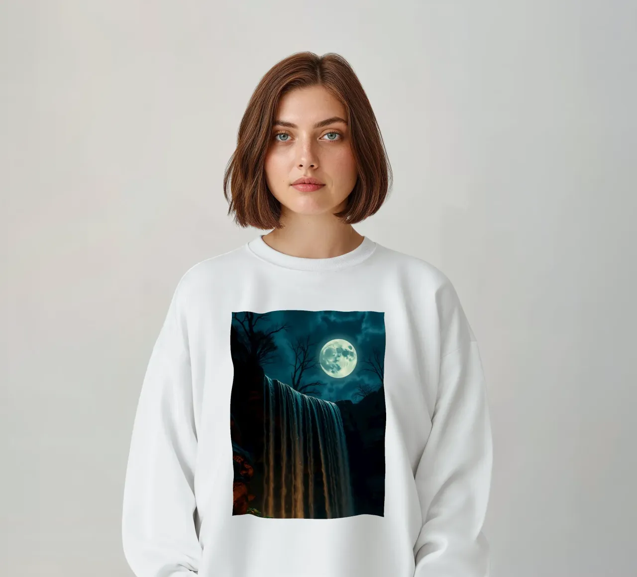 Cascata illuminata dalla luna che si getta sulle rocce in una notte serena felpa da DesignDoodle