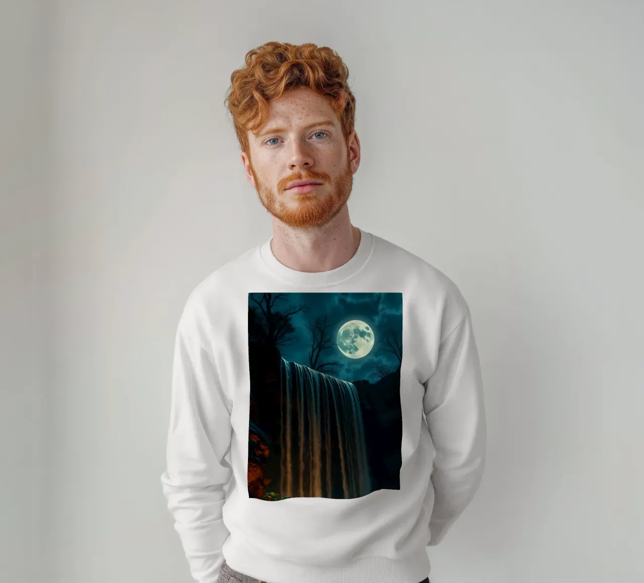 Cascata illuminata dalla luna che si getta sulle rocce in una notte serena felpa da DesignDoodle