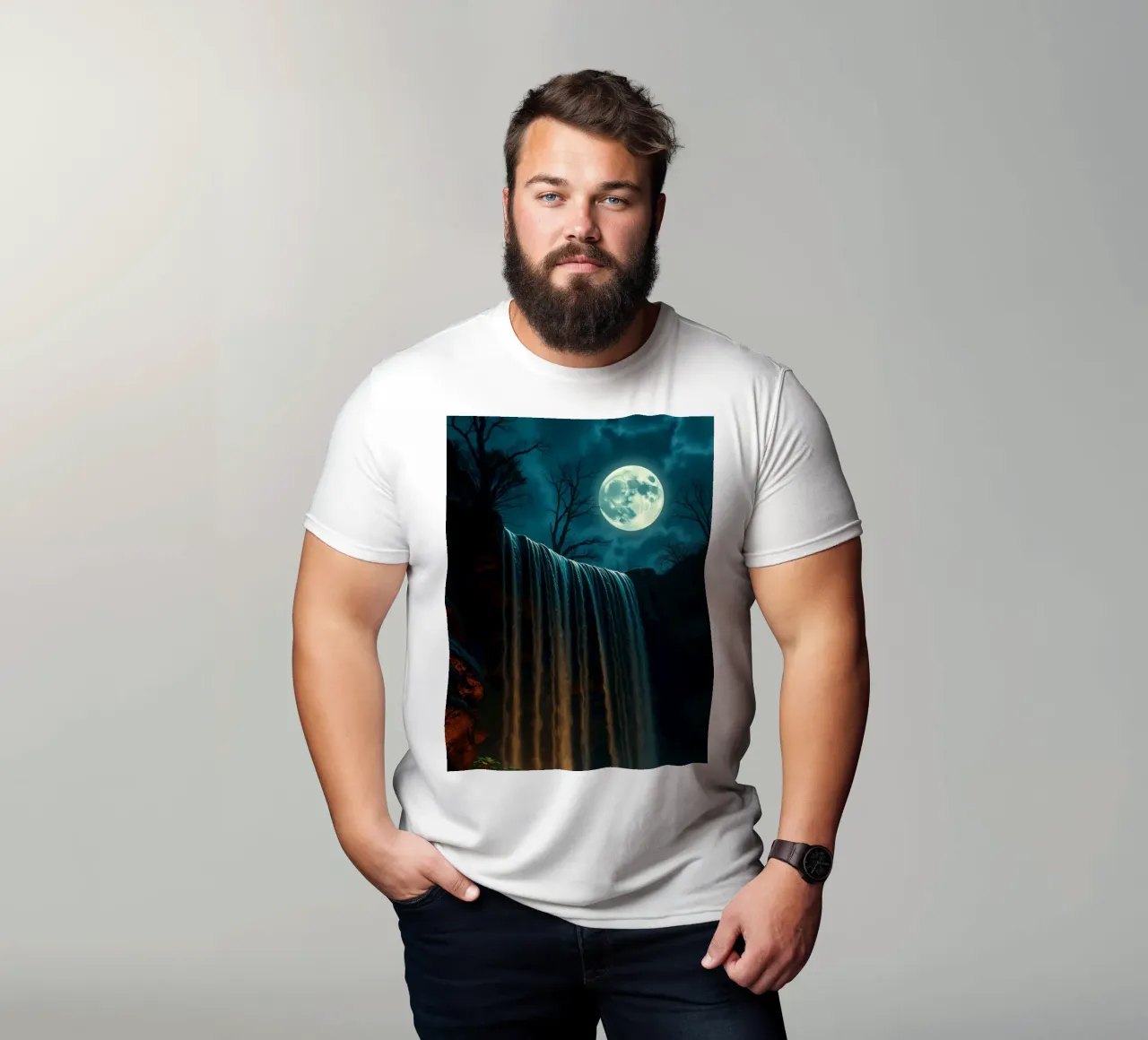 Cascata illuminata dalla luna che si getta sulle rocce in una notte serena t-shirt da DesignDoodle