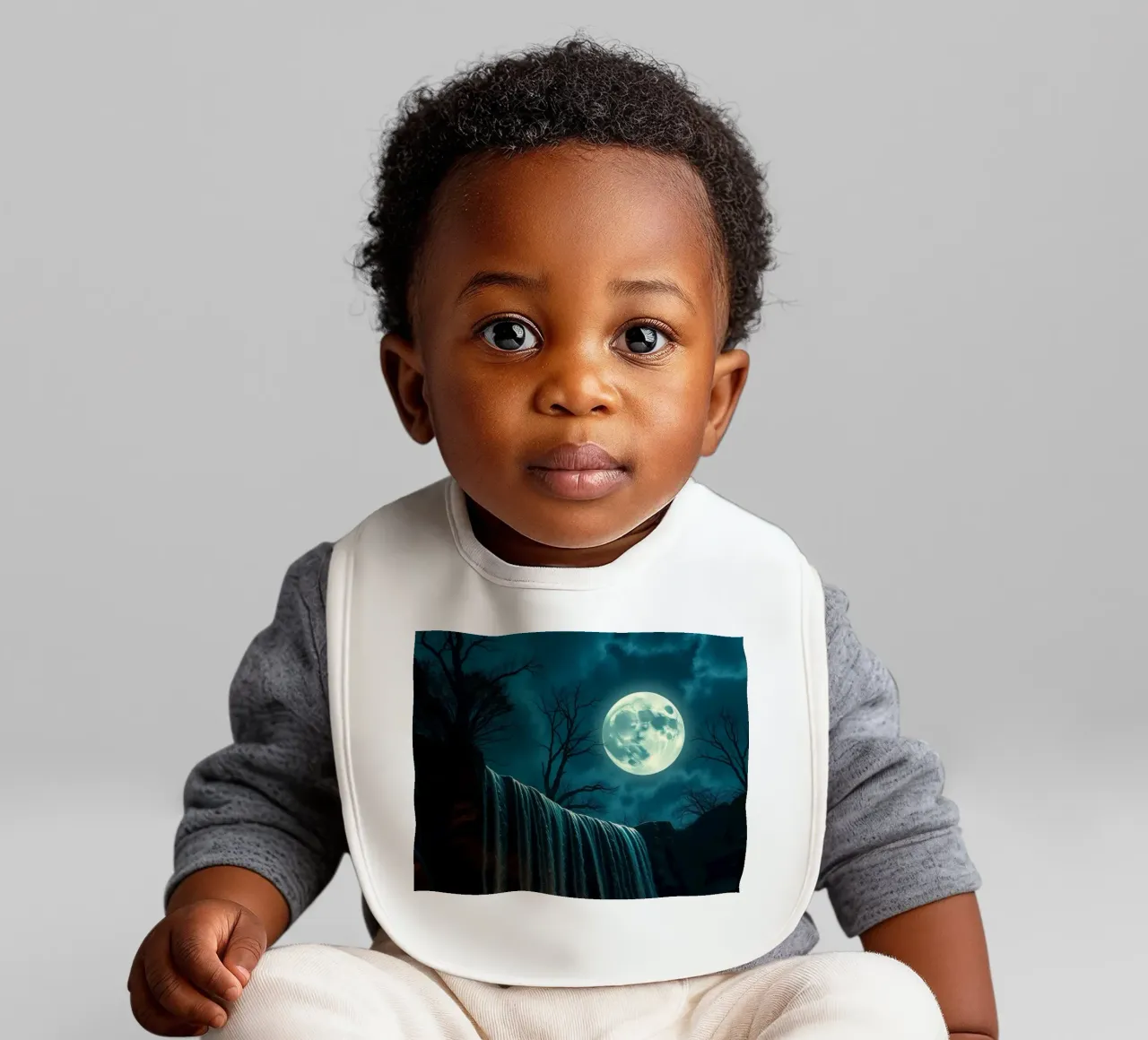 Cascata illuminata dalla luna che si getta sulle rocce in una notte serena bavaglino da DesignDoodle