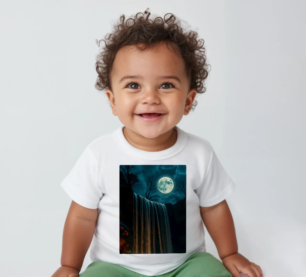 Cascata illuminata dalla luna che si getta sulle rocce in una notte serena maglietta neonato da DesignDoodle