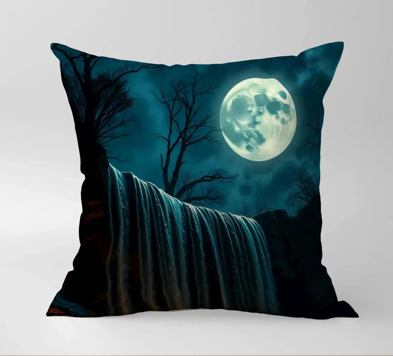 Cascata illuminata dalla luna che si getta sulle rocce in una notte serena cuscino da DesignDoodle
