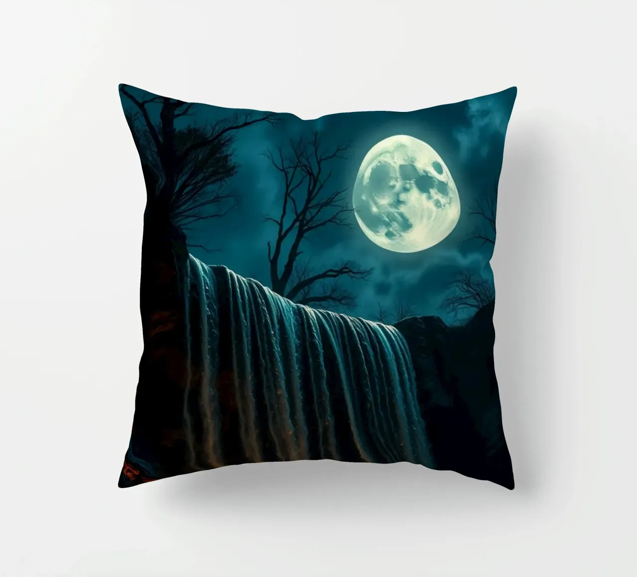 Cascata illuminata dalla luna che si getta sulle rocce in una notte serena cuscino da DesignDoodle