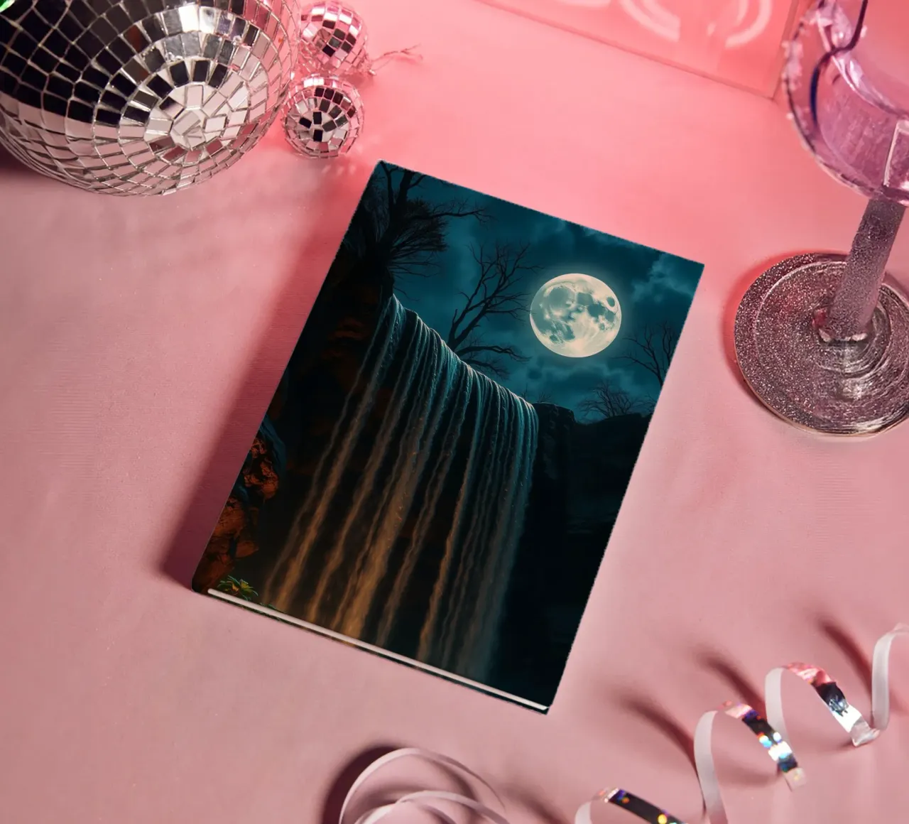 Moonlit waterfall cascading over rocks in a serene night notebook by DesignDoodle