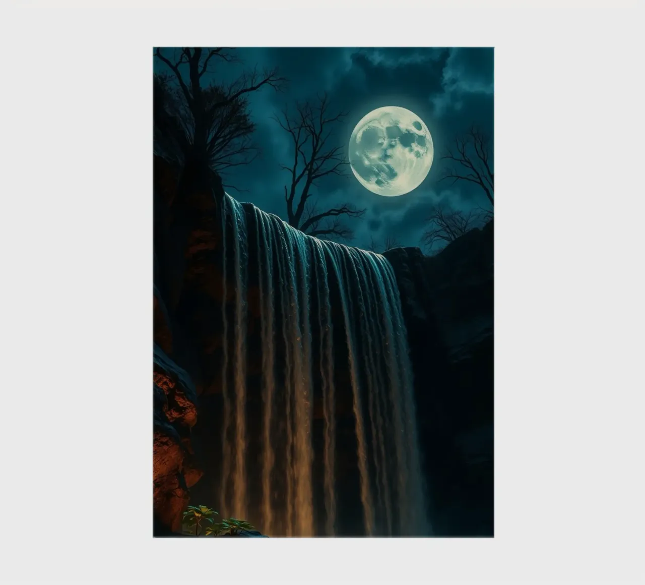Moonlit waterfall cascading over rocks in a serene night notebook by DesignDoodle