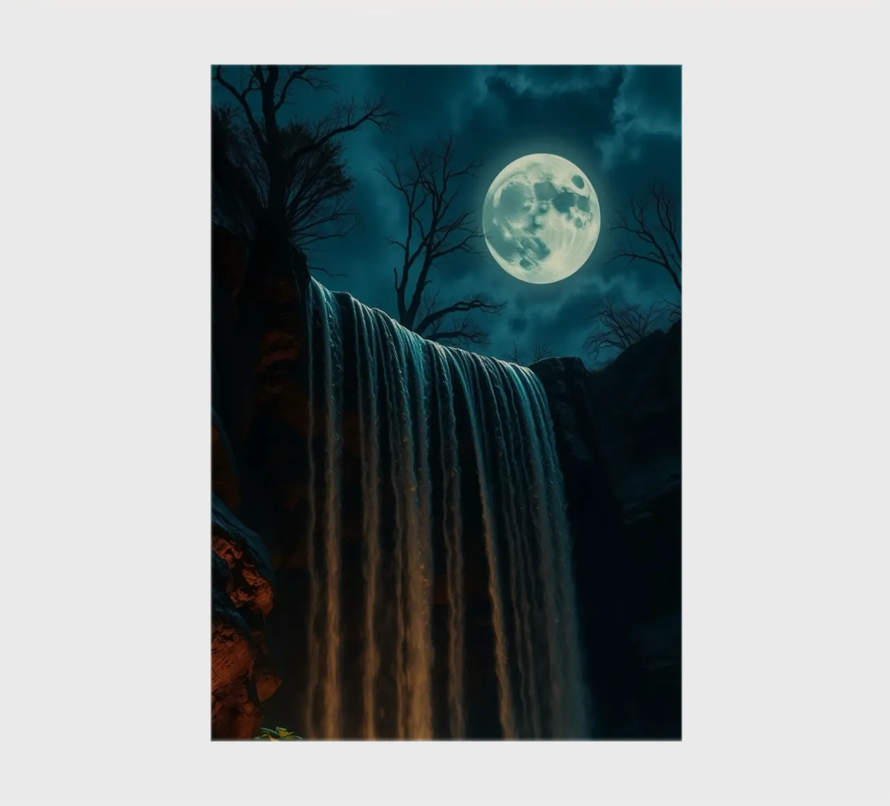 Moonlit waterfall cascading over rocks in a serene night notebook by DesignDoodle