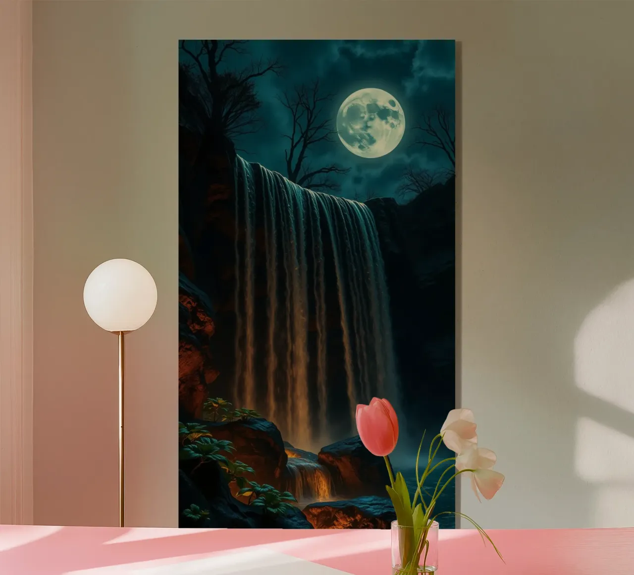 Cascata illuminata dalla luna che si getta sulle rocce in una notte serena plexiglass da DesignDoodle