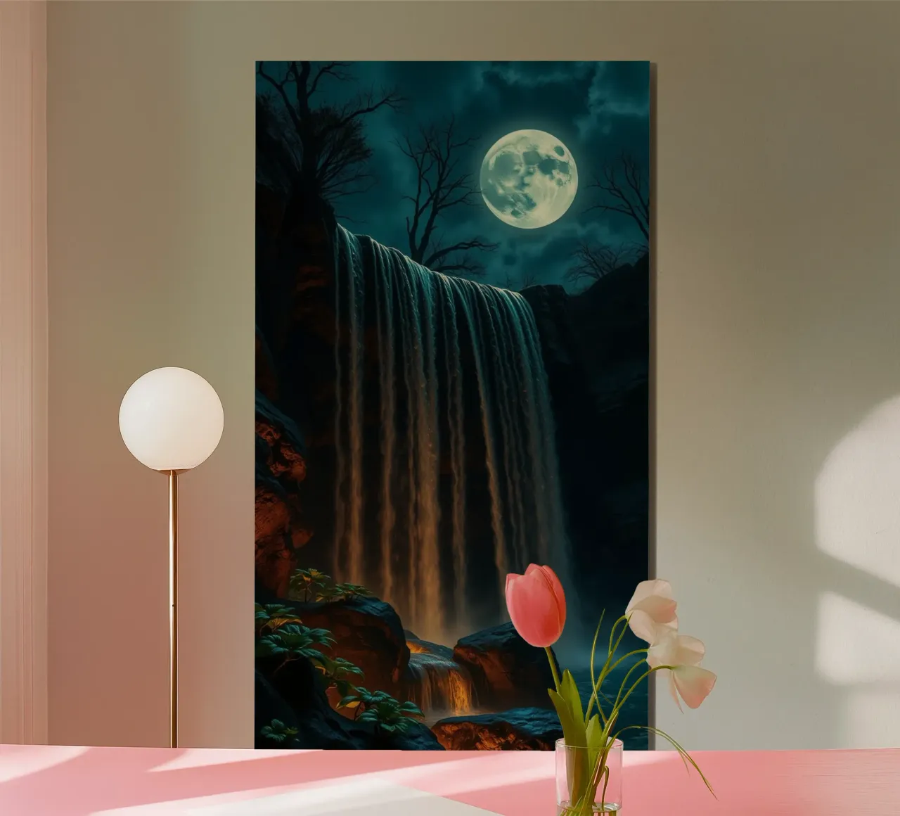 Cascata illuminata dalla luna che si getta sulle rocce in una notte serena alluminio dibond da DesignDoodle