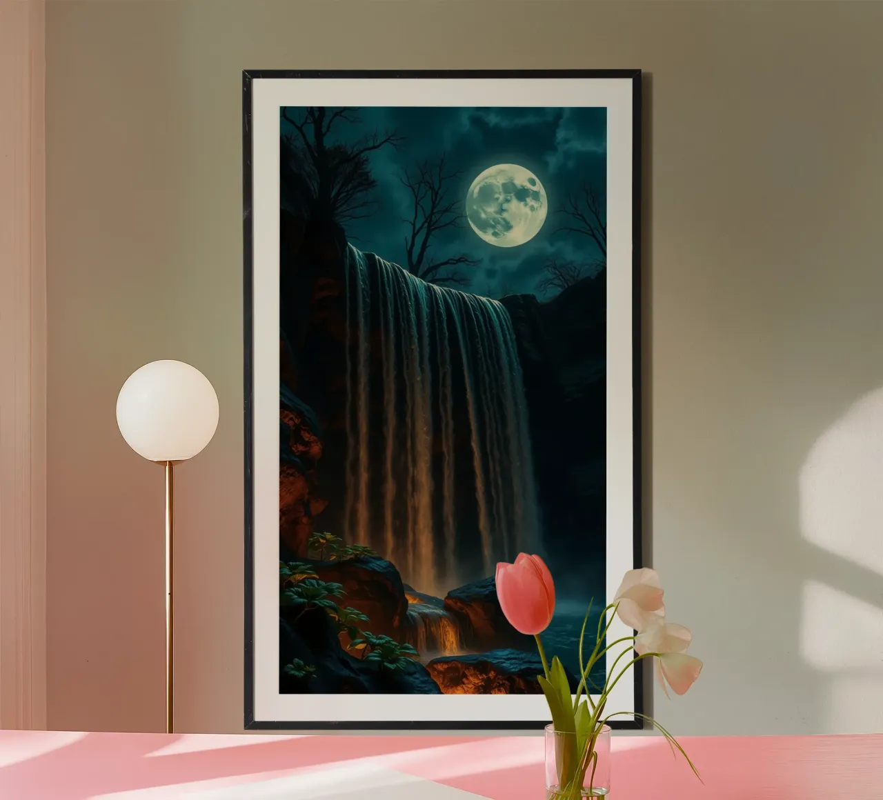 Cascata illuminata dalla luna che si getta sulle rocce in una notte serena carta hahnemühle da DesignDoodle
