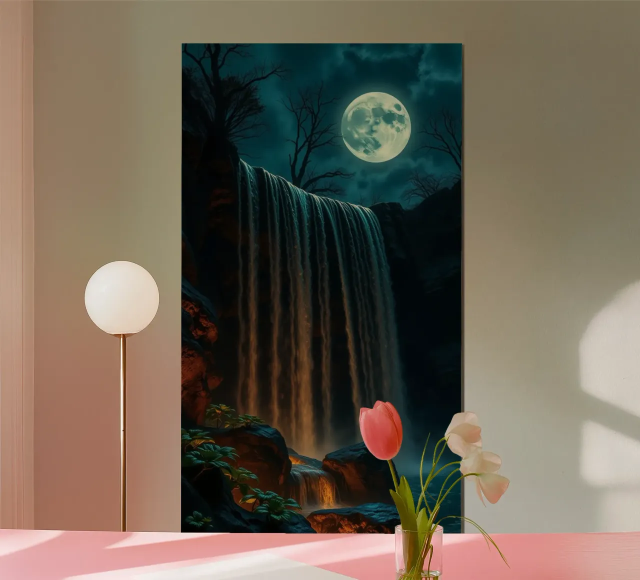Cascata illuminata dalla luna che si getta sulle rocce in una notte serena carta hahnemühle da DesignDoodle