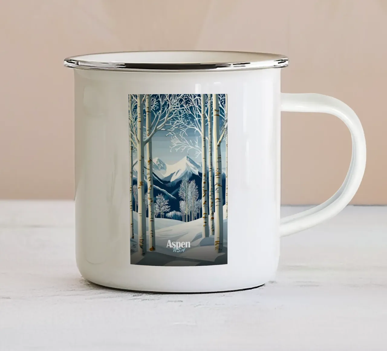 Aspen, VS Winterlandschap emaille mok van Ginnery
