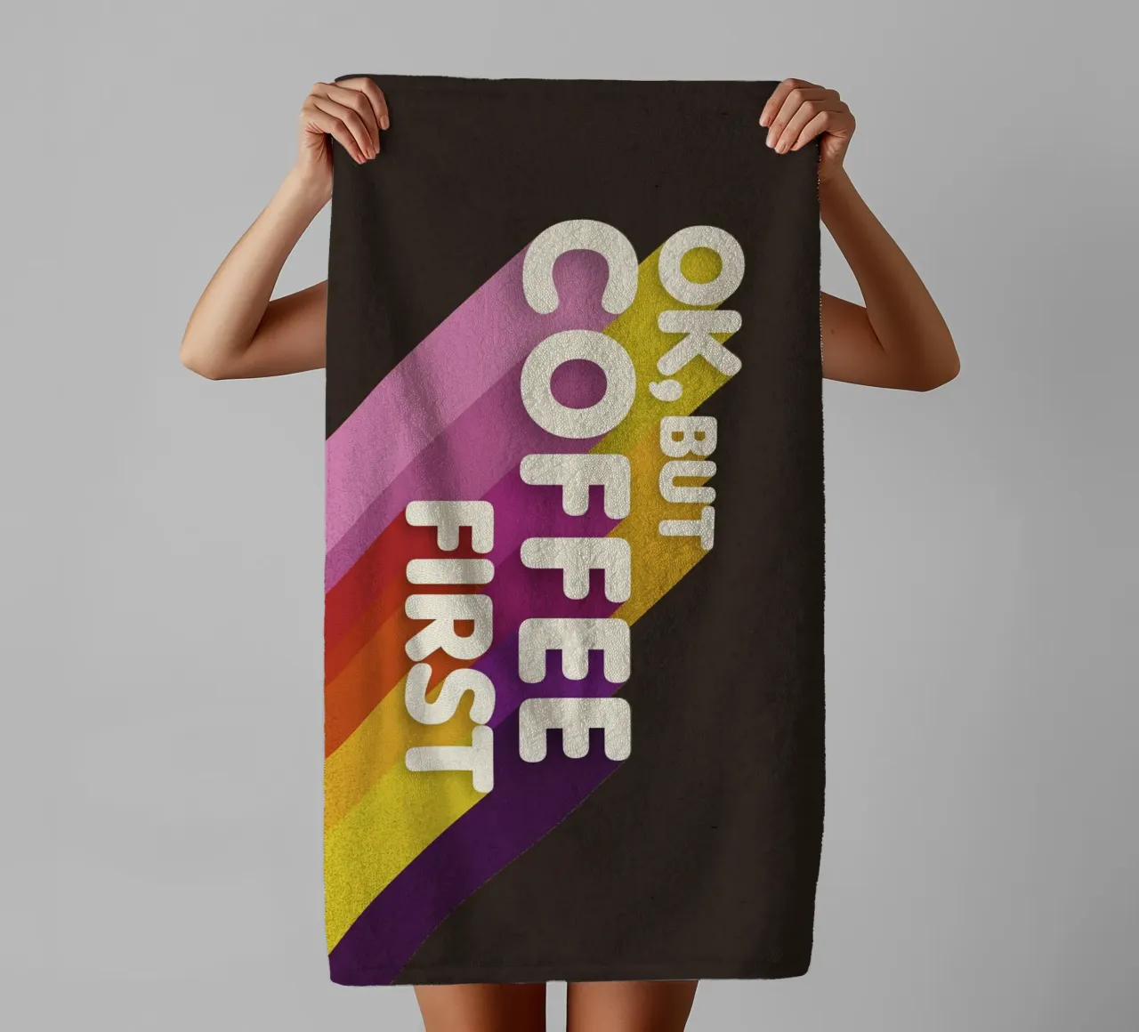 Ok, But Coffee First - Retro Rainbow Art towel by showmemars