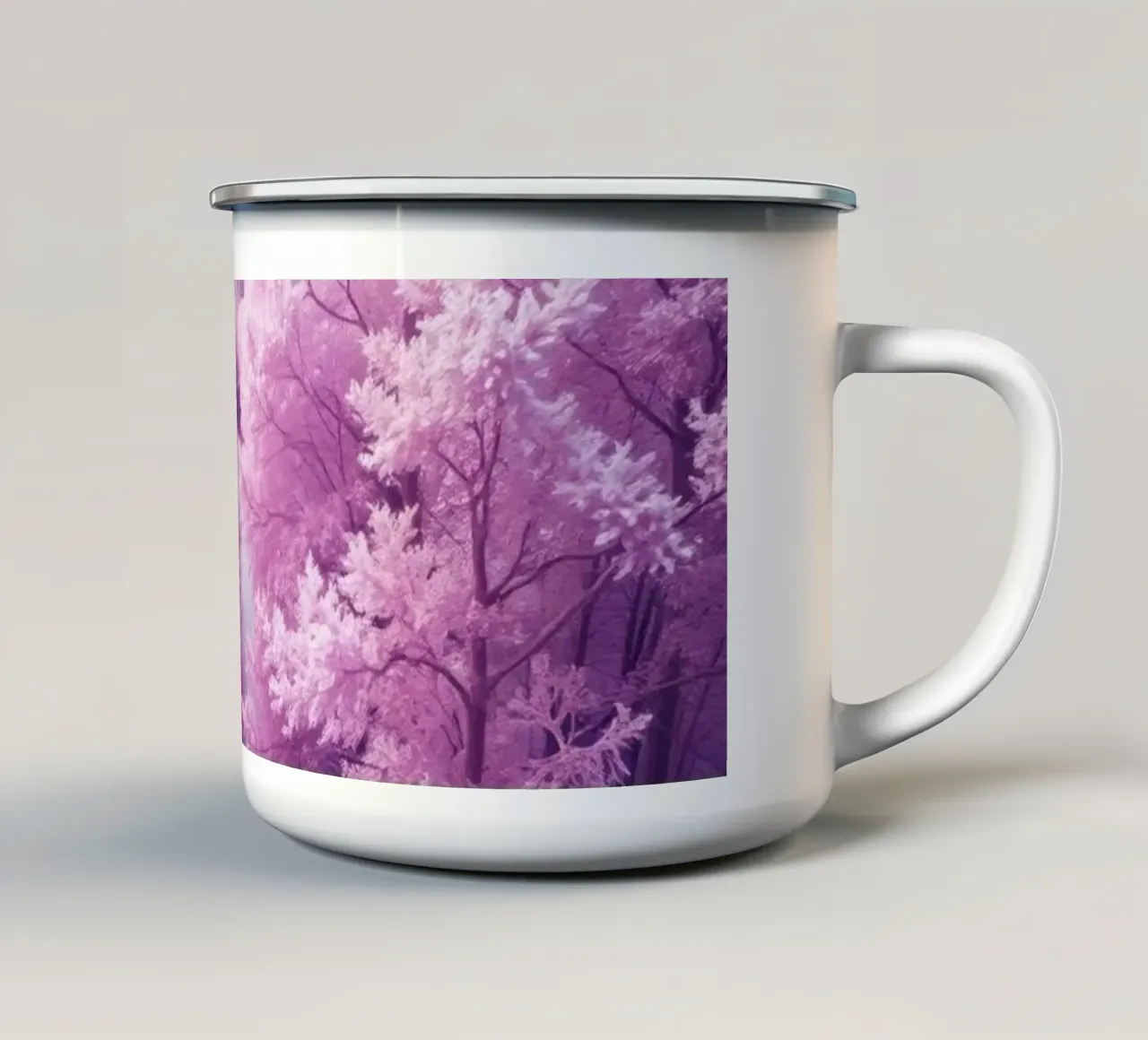 Alberi rosa e viola vibranti che costeggiano un sentiero sereno tazza in smalto da DesignDoodle