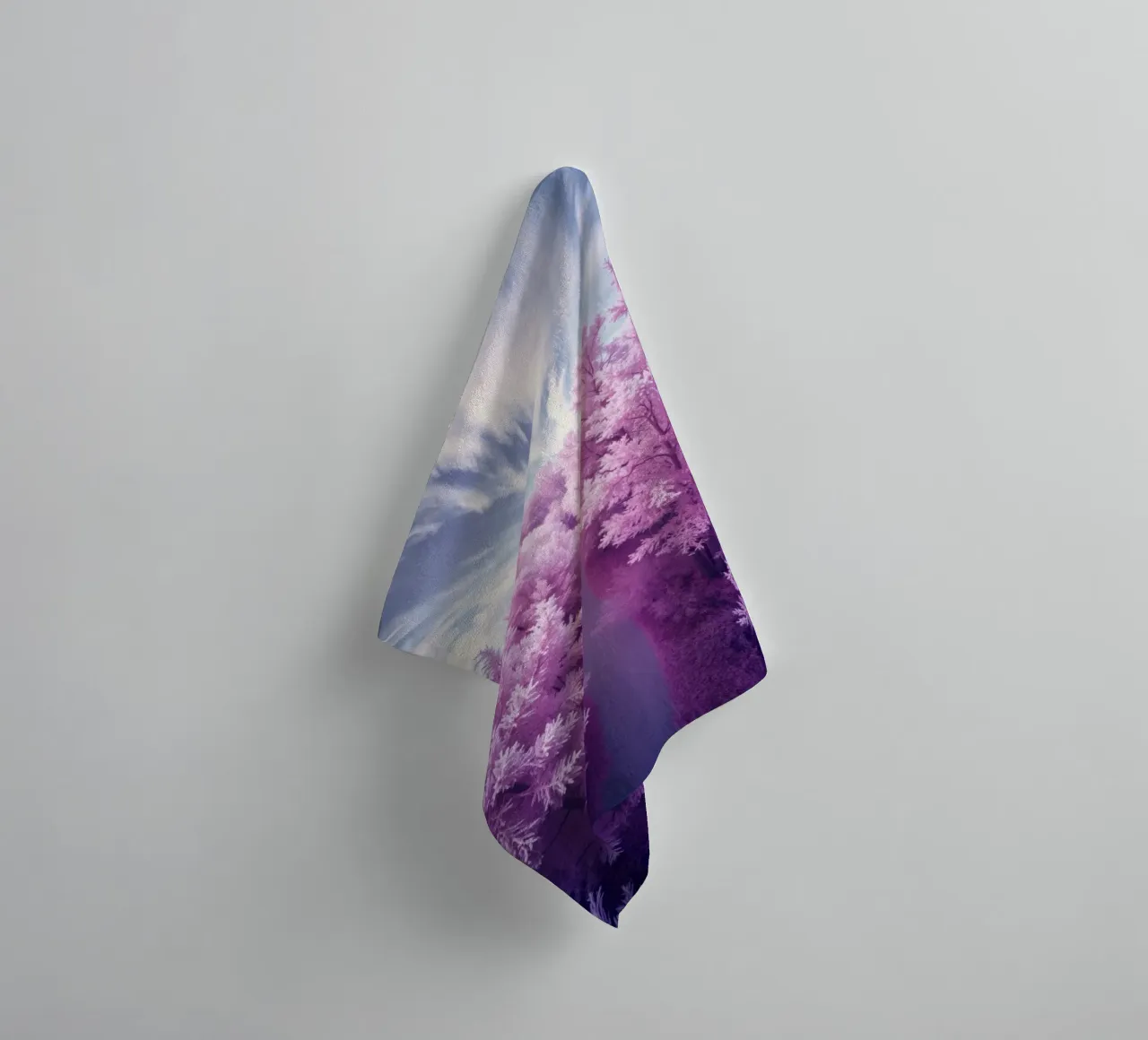 Vibrant pink and purple trees lining a serene path towel by DesignDoodle