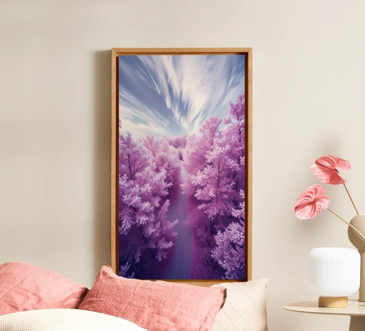 Vibrant pink and purple trees lining a serene path canvas with Floater frame by DesignDoodle