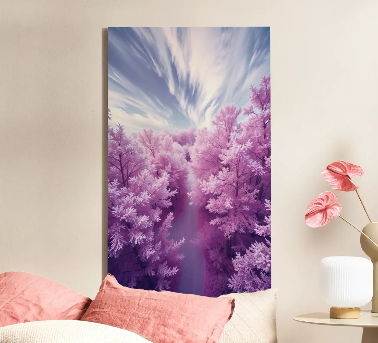 Vibrant pink and purple trees lining a serene path canvas with Floater frame by DesignDoodle