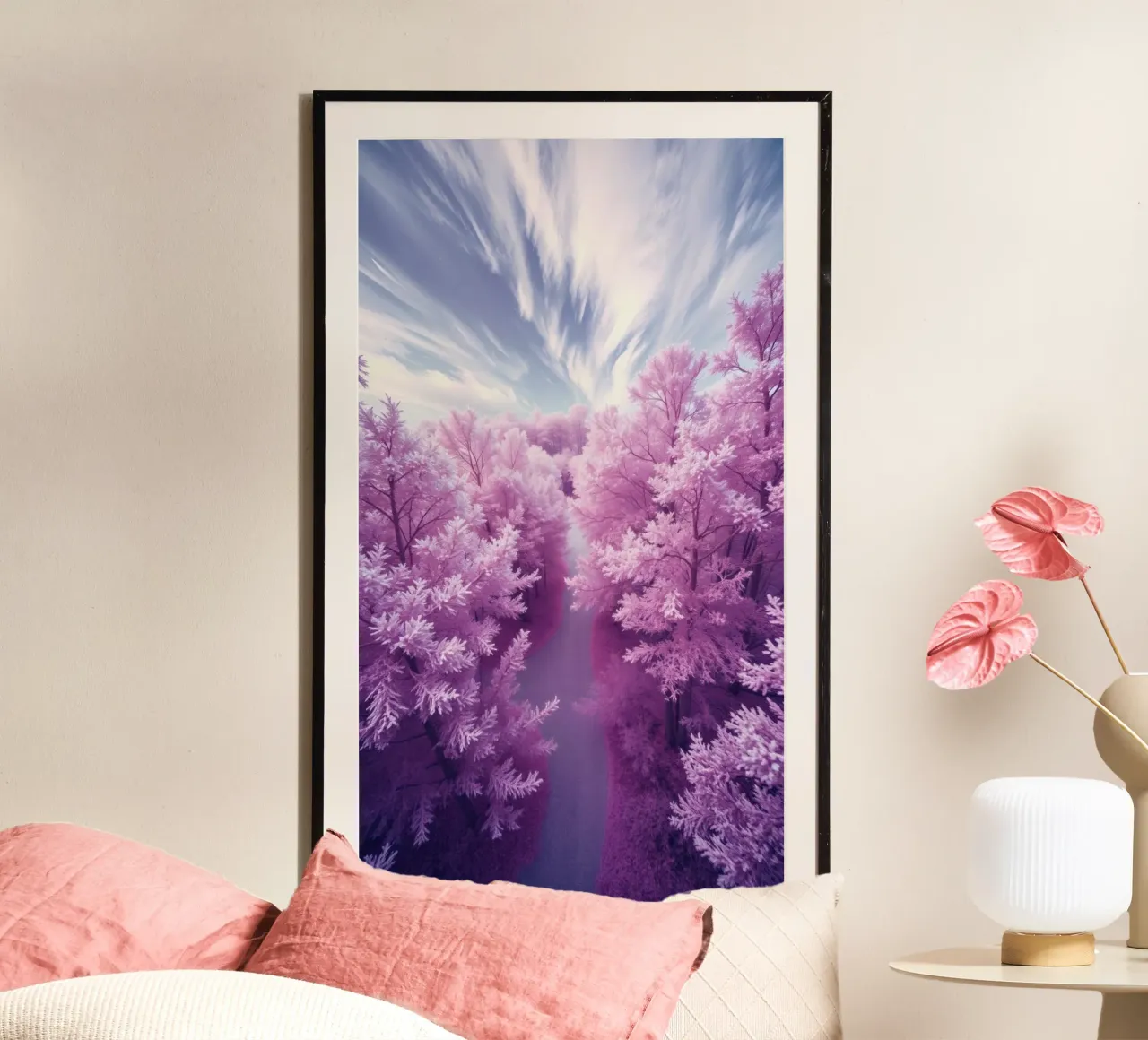 Alberi rosa e viola vibranti che costeggiano un sentiero sereno poster con telaio in plastica da DesignDoodle