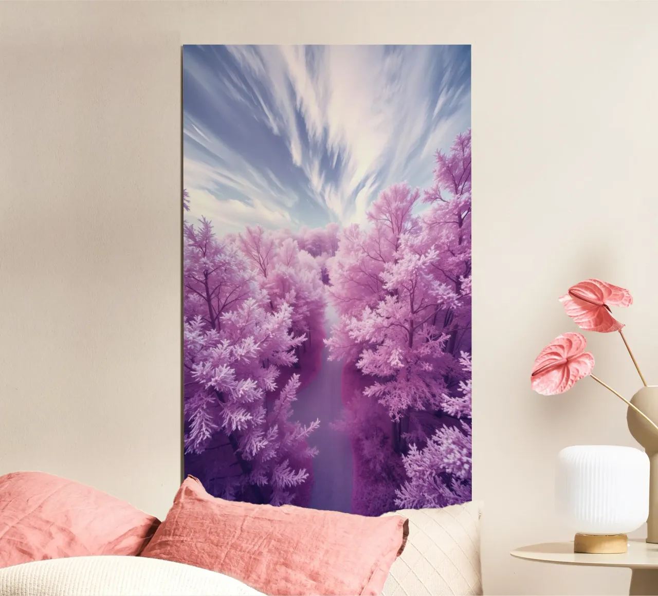 Alberi rosa e viola vibranti che costeggiano un sentiero sereno poster con telaio in plastica da DesignDoodle