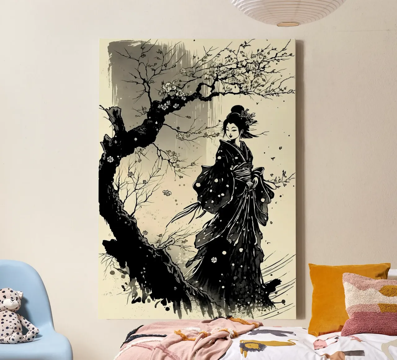 Geisha Samurai Vrouw canvas met Baklijst van Mikesell