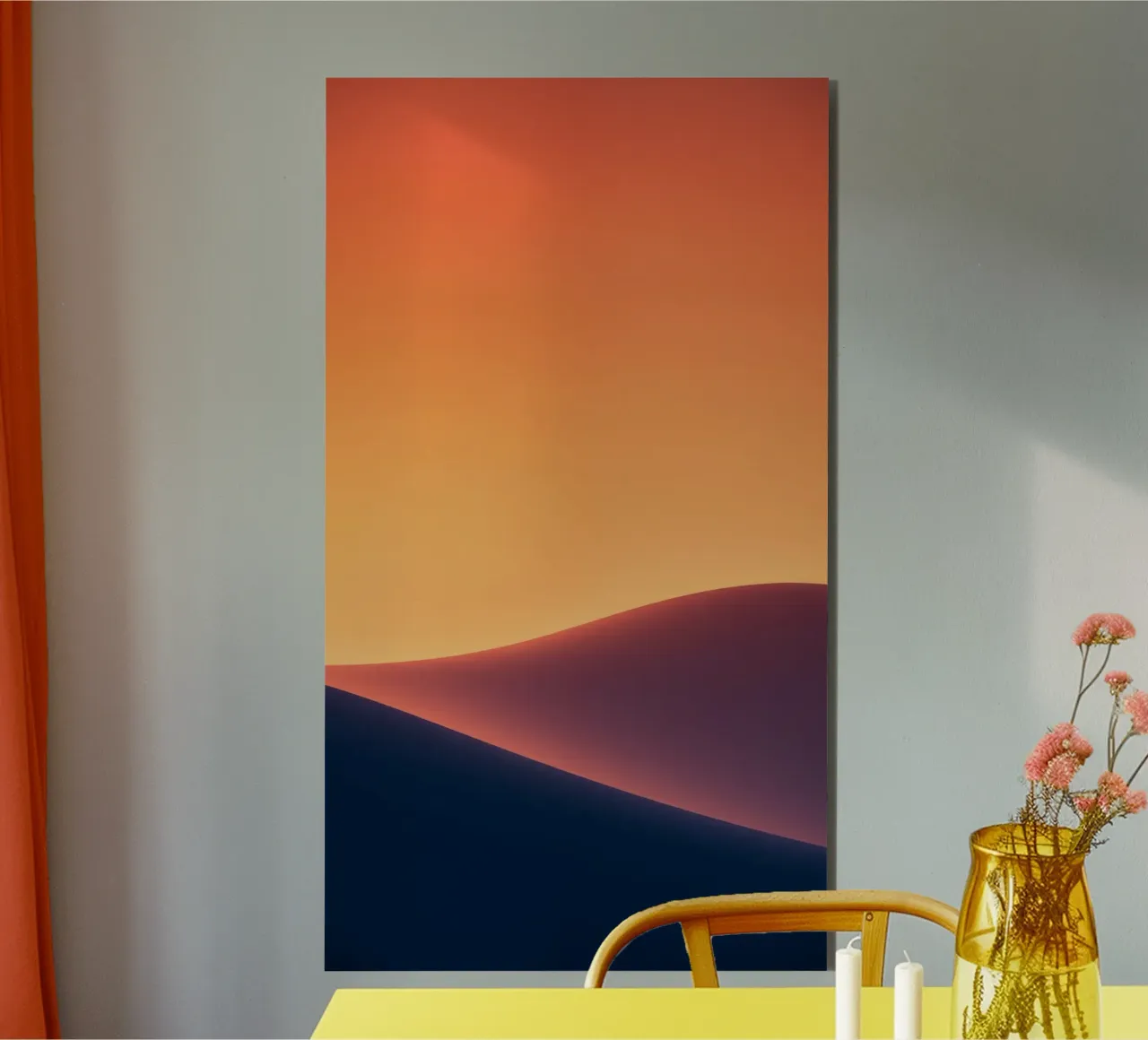 smooth hills under a gradient sunset sky with warm orange alu-dibond by DesignDoodle