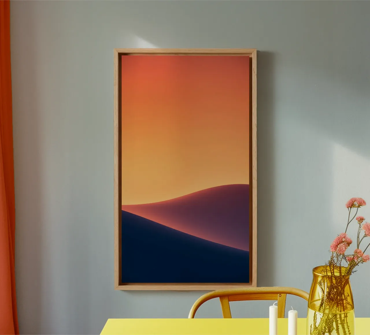 smooth hills under a gradient sunset sky with warm orange canvas by DesignDoodle