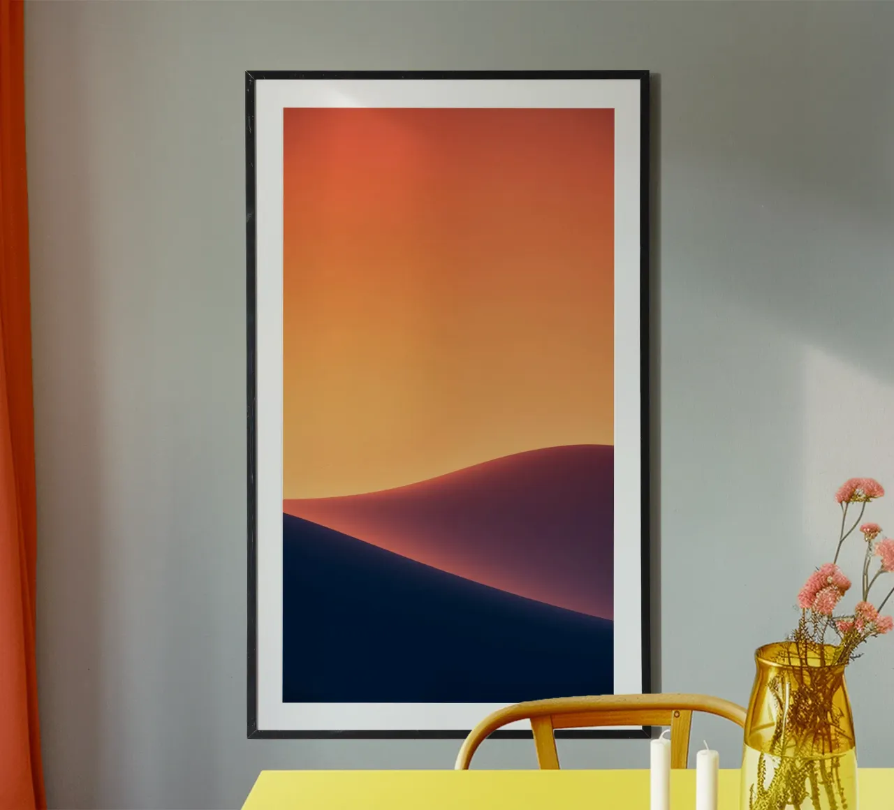 smooth hills under a gradient sunset sky with warm orange hahnemühle by DesignDoodle
