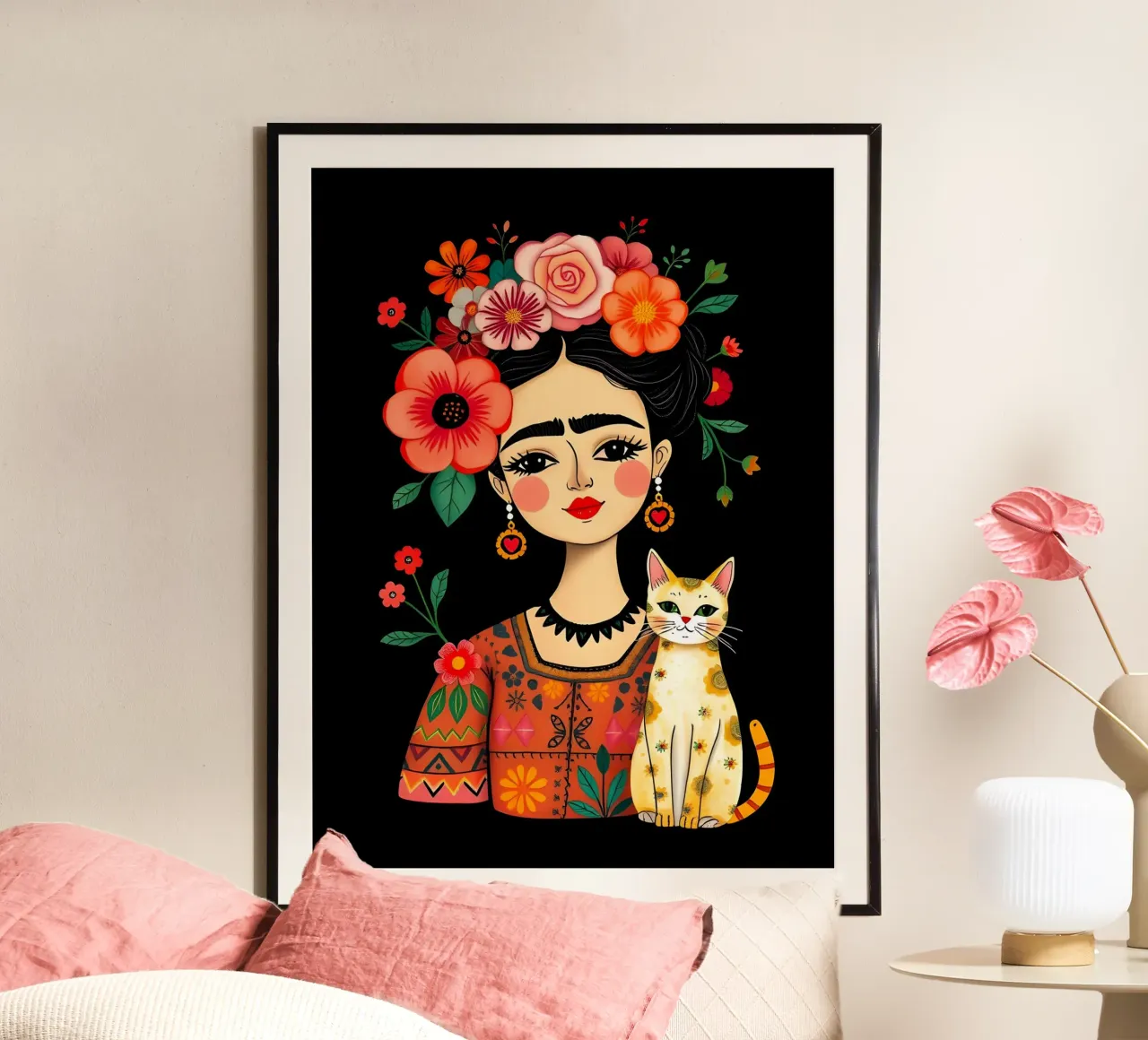 RITRATTO DI FRIDA KAHLO CON GATTO poster con telaio in alluminio da COLLEEN CRAFTS