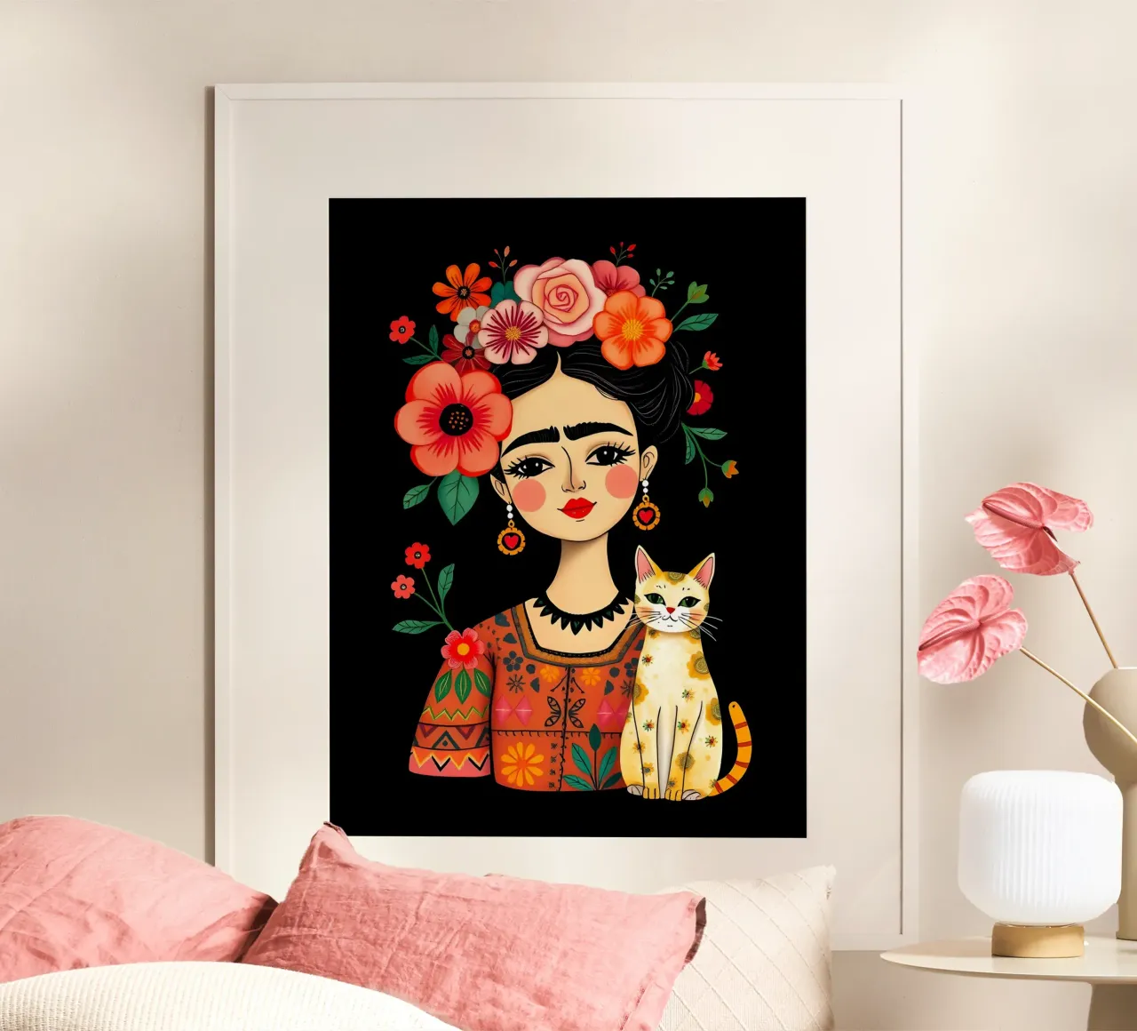 RITRATTO DI FRIDA KAHLO CON GATTO poster con telaio in alluminio da COLLEEN CRAFTS