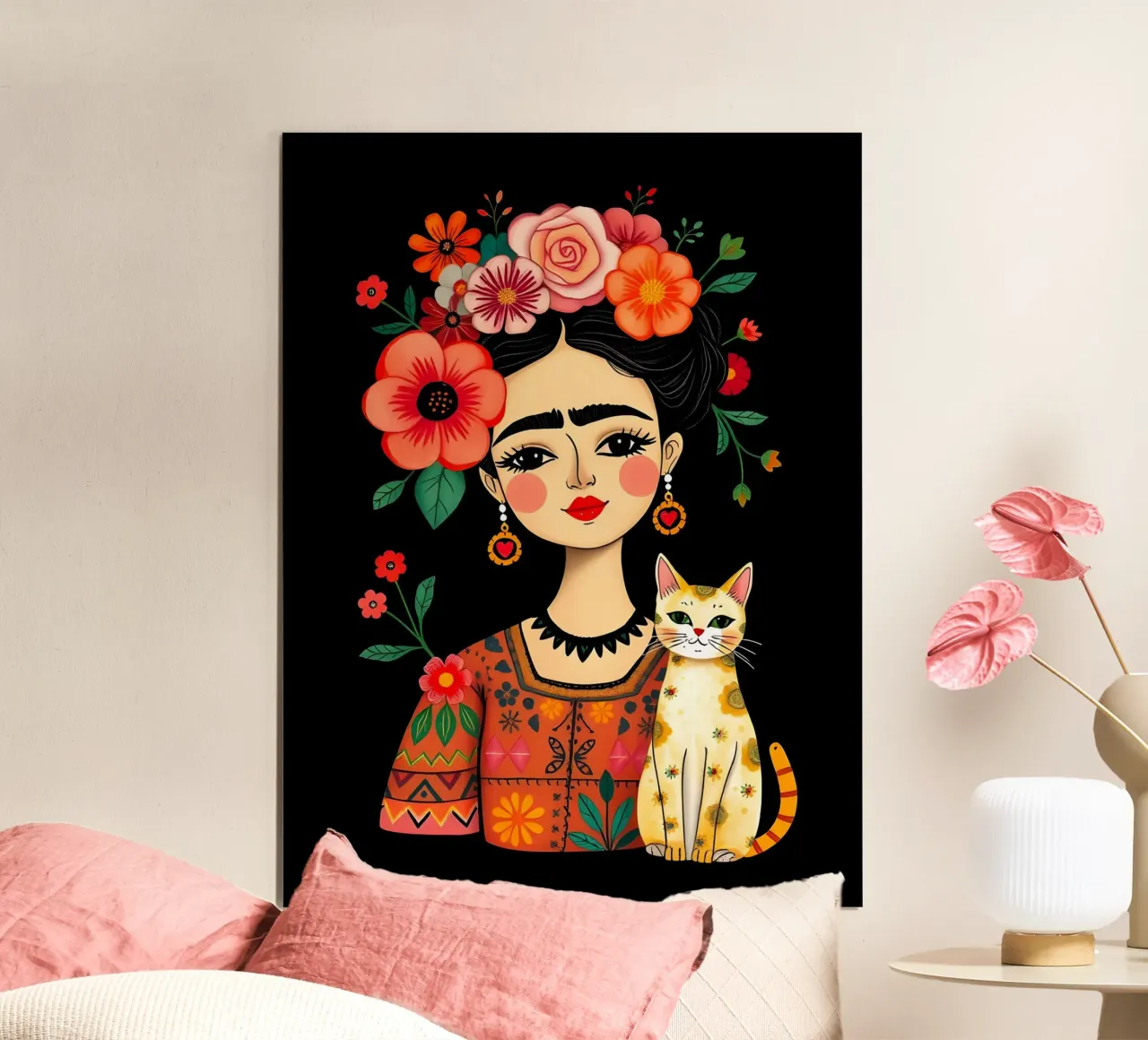 RITRATTO DI FRIDA KAHLO CON GATTO poster con telaio in alluminio da COLLEEN CRAFTS