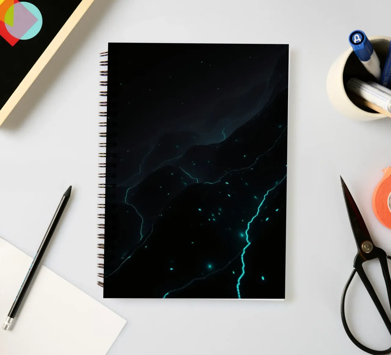 a stunning abstract design and glowing elements spiral notebook by DesignDoodle