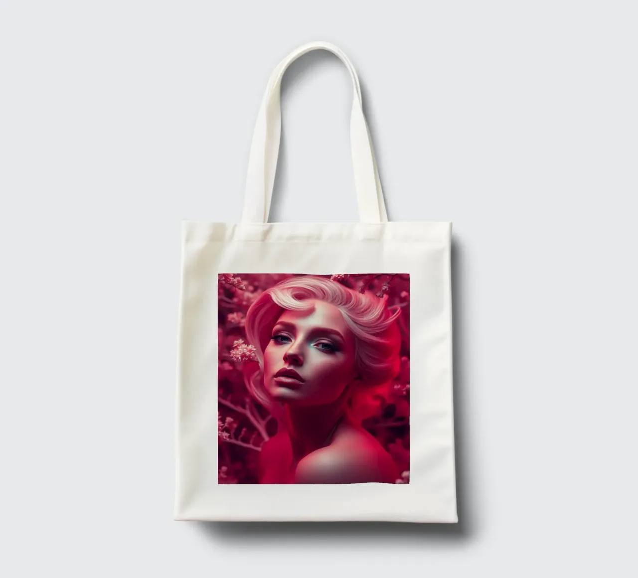 Donna splendida con acconciatura elegante circondata da fiori borsa in juta da DesignDoodle