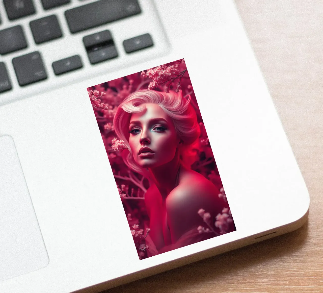 Stunning woman with elegant hairstyle surrounded by blossoms sticker by DesignDoodle